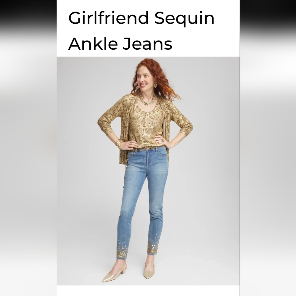 Chico's Girlfriend Sequin Ankle Jeans Light Blue with Gold Embellishment Cuffs